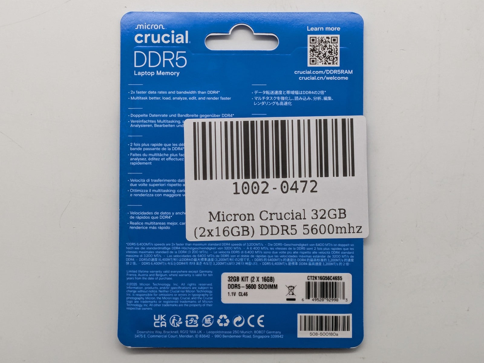 Crucial 32GB DDR5-5600 SODIMM kit - label detail
